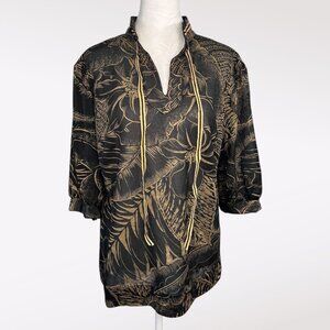 Vintage Black Gold Floral Blouse Medium Added Dimensions